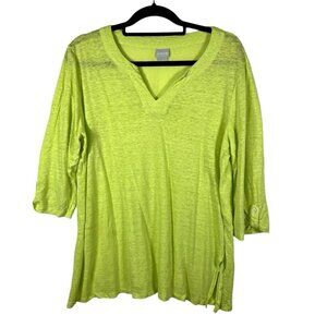 Chicos Notch Neck Linen Tunic Shirt Top Size L‎ Lime Green Beachy Lightweight